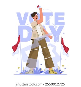 A man character standing tall with election ballot paper for Indonesian vote day vector illustration