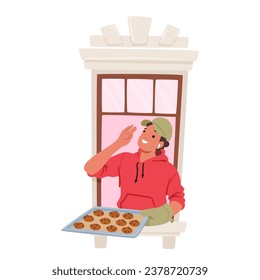 Man Character Stands Proudly By A Window, Holding A Tray Filled With Delicious, Freshly Baked Cookies, Their Aroma Wafting Through The Glass, Tempting Neighbors. Cartoon People Vector Illustration