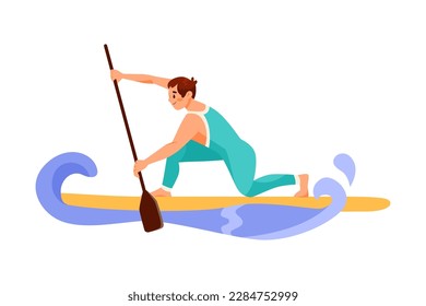 Man Character Standup Paddleboarding Doing Water Sport Activity Vector Illustration