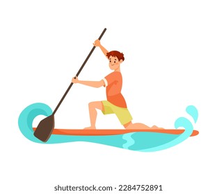 Man Character Standup Paddleboarding with Turquoise Wave Doing Water Sport Activity Vector Illustration