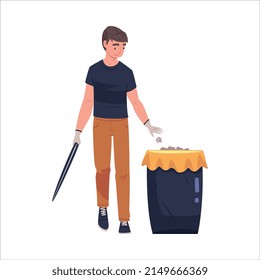 Man Character with Stick Collecting Garbage in Dustbin Cleaning Street Vector Illustration