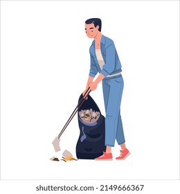 Man Character with Stick and Sack Collecting Garbage Cleaning Street Vector Illustration