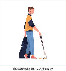 Man Character with Stick and Sack Collecting Garbage Cleaning Street Vector Illustration