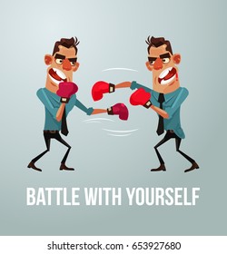 Man character struggles with himself. Battle with yourself. Vector flat cartoon illustration