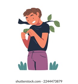 Personaje masculino estudia la naturaleza explorando la hoja verde en su ilustración del vector manual