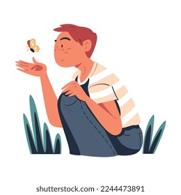 Man Character Studying Nature Exploring Flying Butterfly Vector Illustration