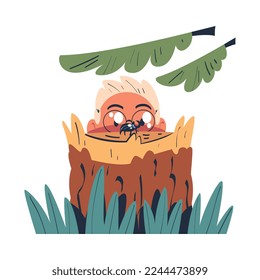 Man Character Studying Nature Exploring Crawling Beetle on Tree Stump Vector Illustration