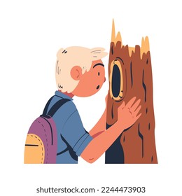 Man Character Studying Nature Exploring Peeking in Hollow of Tree Trunk Vector Illustration