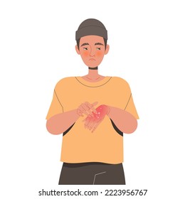 Man Character Suffering from Neurodermatitis Itching, Excessive Rubbing and Scratching Skin on His Hand Vector Illustration