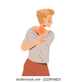 Man Character Suffering from Neurodermatitis Itching, Excessive Rubbing and Scratching Skin on His Back Vector Illustration