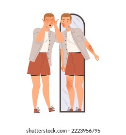 Man Character Suffering from Neurodermatitis Standing Near Mirror with Small Red Spots on His Body Skin Vector Illustration