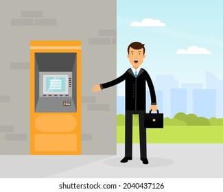 Man Character in Suit and Briefcase Standing Near ATM Machine Vector Illustration