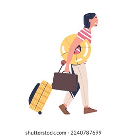 Man Character with Suitcase, Trunk and Rubber Ring Walking Going on Summer Vacation Having Journey Vector Illustration