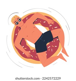 Man Character in Sunglasses Floating on Rubber Ring in Swimming Pool Vector Illustration