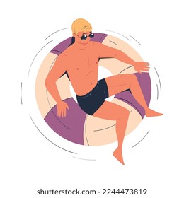 Man Character in Sunglasses Floating on Rubber Ring in Swimming Pool Vector Illustration