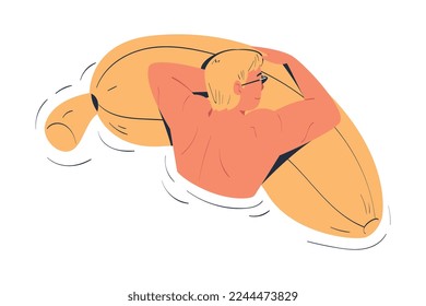 Man Character in Sunglasses Floating on Banana Air Mattress in Swimming Pool Vector Illustration