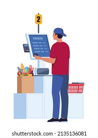 Man Character in Supermarket Stand at Checkout Self Service with Pos Terminal for Cashless Paying for Grocery Purchases. Contactless Payment, Contemporary Technologies. Vector Illustration