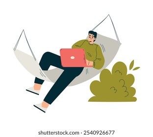 Oscilación del carácter del hombre en la hamaca con el ordenador portátil cuelga con la cuerda Disfrute de la Ilustración vectorial del Ocio