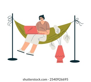 Oscilación del carácter del hombre en la hamaca con el ordenador portátil cuelga con la cuerda Disfrute de la Ilustración vectorial del Ocio