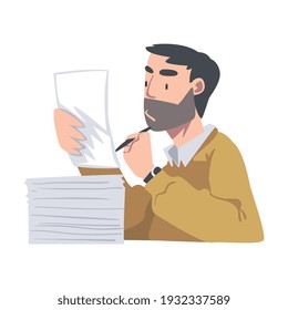 Carácter de hombre en la mesa trabajar con la ilustración vectorial Pile of Papers