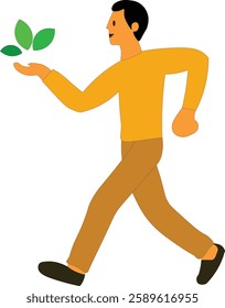man character taking leaves of tree  running to save earth save environment  