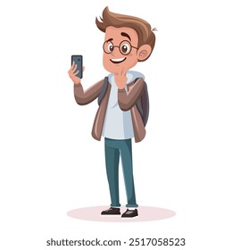 
Man character taking a selfie making hand gesture