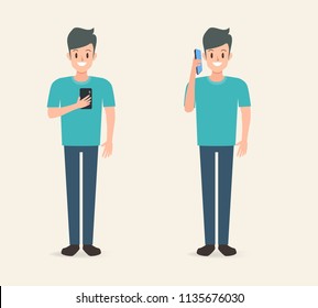 man character to talking a mobile phone to communication. businessman cartoon design.