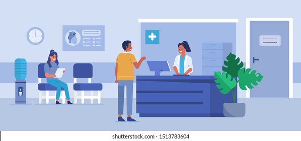 Man character talking with the woman receptionist at the hospital room. Patient waiting for the doctor. Doctor's office reception. Medical clinic concept. Flat cartoon vector illustration.