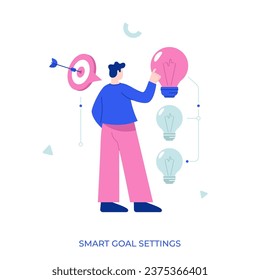 Man character with target speech bubble choising from several light bulbs. Creative innovation and business ideas concept. Flat cartoon vector illustration.