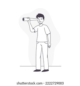 Man Character with Telescope Looking in Future Observing Vector Illustration