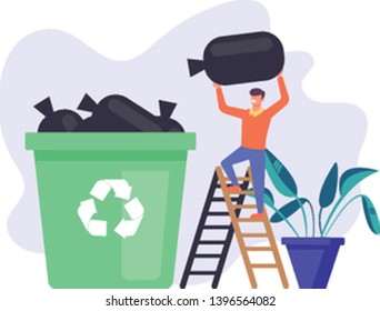 Man character throw garbage bag in garbage can. Vector flat cartoon graphic design illustration