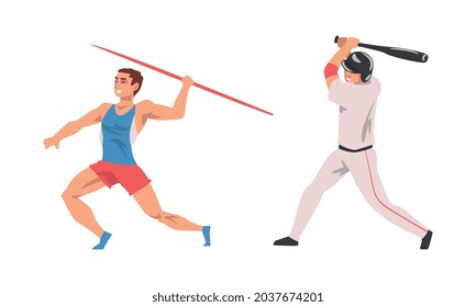 Man Character Throwing Javelin and Playing Baseball with Bat Vector Set