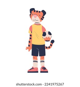 Man Character with Tiger Animal Head Standing in Football Uniform with Ball Vector Illustration