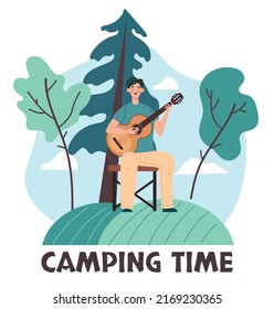 Man character tourist playing guitar and singing song. Camping travel time concept. Vector flat graphic design element illustration