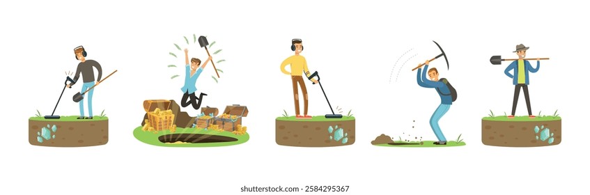 Man Character Treasure Hunter with Shovel and Pickaxe Vector Set