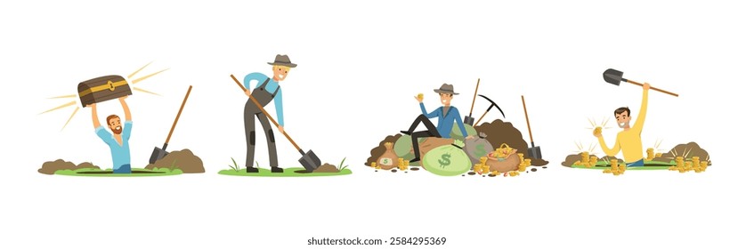 Man Character Treasure Hunter with Shovel and Pickaxe Vector Set