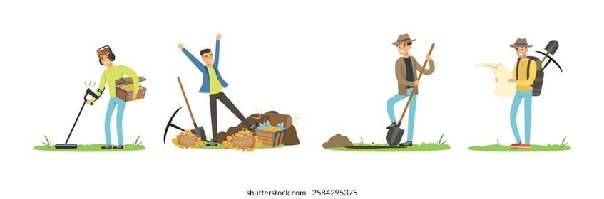 Man Character Treasure Hunter with Shovel and Pickaxe Vector Set