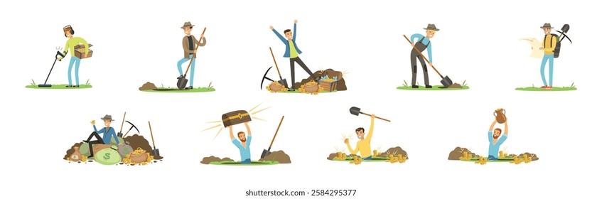 Man Character Treasure Hunter with Shovel and Pickaxe Vector Set