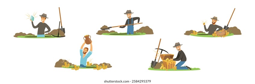 Man Character Treasure Hunter with Shovel and Pickaxe Vector Set