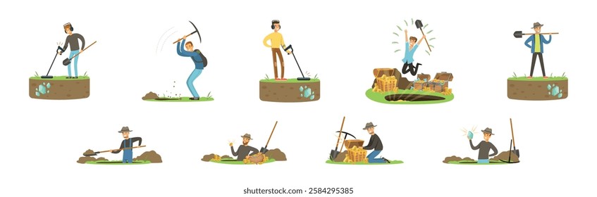 Man Character Treasure Hunter with Shovel and Pickaxe Vector Set