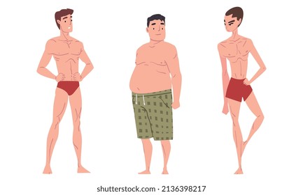 Man Character in Trunks Standing and Sunbathing at Sun Vector Set