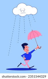 Man character with umbrella in retro style. Aesthetics of the 60s, 70s. Cute, cartoon guy character. Vector vintage illustration of a man.