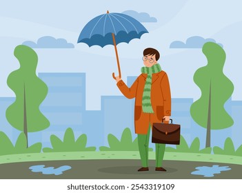 Man Character with Umbrella Walking Outdoor at Rainy Day Vector Illustration