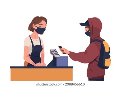 Carácter de hombre mediante pago sin contacto con Smartphone para la ilustración del vector de prevención de coronavirus
