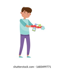 Man Character Using Detergent to Keep Surfaces and Objects Clean Vector Illustration