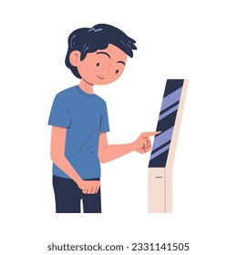 Man Character Using Information Board with Interactive Interface Vector Illustration