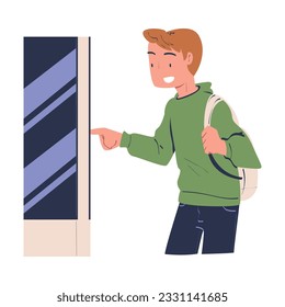 Man Character Using Information Board with Interactive Interface Vector Illustration