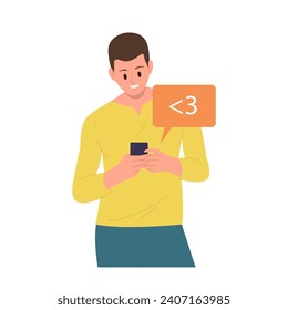 Personaje masculino usando mensajes de texto de teléfonos móviles con una sonrisa fresca de símbolos de tipos de letra en medios sociales