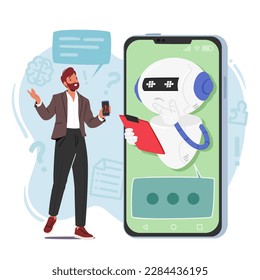 Man Character Utilizes Chatbot For Technical Support, Experiencing A Prompt, Automated, And Hassle-free Resolution. Technology Or Customer Service-related Concept. Cartoon People Vector Illustration