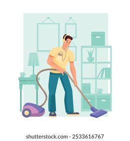 Personagem Man Vacuum Cleanup do assoalho de limpeza na ilustração do vetor de casa